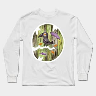 Whimiscal Raven in a Spooky Forest in Watercolor Long Sleeve T-Shirt